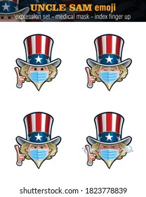 Vector illustrations Set of cartoon Uncle Sam Emoji pointing the finger up, wearing surgical mask. Four expressions, happy, serious, unamused, angry – furious. Elements on well-defined layers n groups