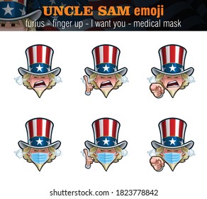 Vector illustrations Set of cartoon Uncle Sam Emoji with furious expression, just the face, pointing the finger I want you and up and surgical mask options. Elements on well-defined layers n groups