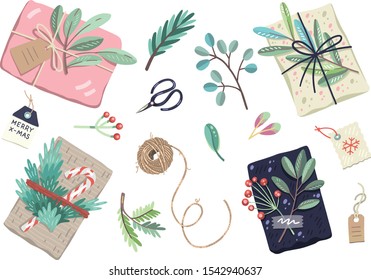 Vector illustrations, set of christmas gifts, decorated with plants, ribbons and recycled wrapping paper.  Scissors, leaves, branches, labels, twine rope. Pastel colors. Cute handdrawn flat style. 