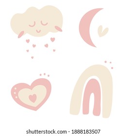Vector illustrations set of cloud, moon, rainbow and heart. This kit comes in soft muted shades of dusty pink, pastel colours. Isolated white background.