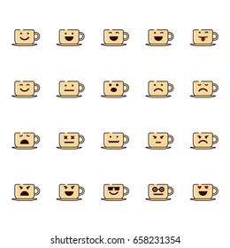Vector illustrations set of coffe cups with emotions on white background. Emoji and smiles topic.
