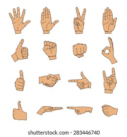 Vector illustrations set of color human hands in various gestures