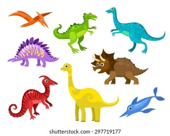 vector illustrations set of a colorful dinosaurs