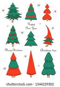 Vector illustrations. Set of colorful hand drawn Christmas trees and snowflakes isolated on a white background. Cartoon winter holiday decoration. Clip art for new year design in green and red colors