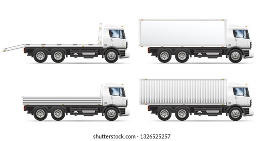 Vector illustrations set of commercial transportation and delivery trucks, isolated on a white background.