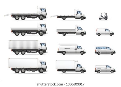 Vector illustrations set of commercial transportation and delivery trucks, isolated on a white background.