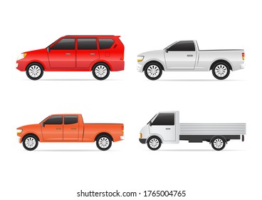 Vector illustrations set of commercial transportation and delivery trucks, isolated on a white background.