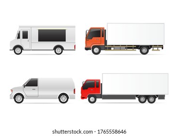 Vector illustrations set of commercial transportation, and delivery trucks, isolated on a white background.