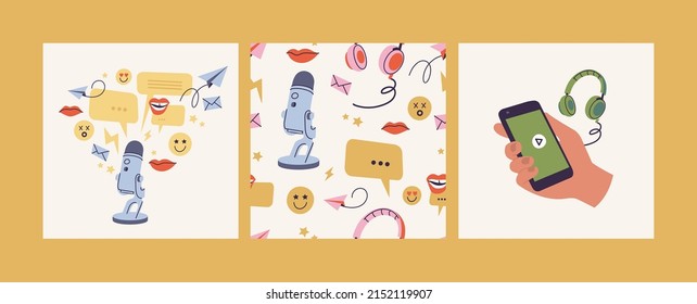 Vector illustrations set of concept of podcast recording and listening, broadcasting, online radio, audio streaming service backgrounds. Seamless pattern