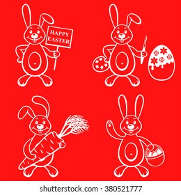 Vector illustrations of set contour cartoon Ester bunny on red background
