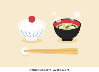 vector illustrations of a set of cooked rice, miso soup and chopsticks for banners, cards, flyers, social media wallpapers, etc.