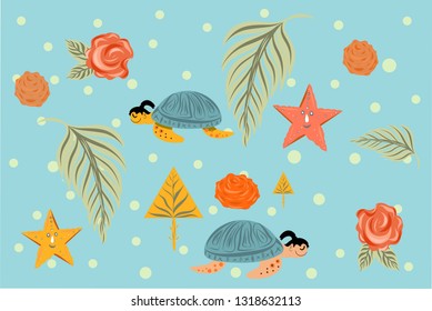 Vector illustrations set of cute animals and florals: leafs, starfish, turtles, roses.