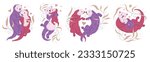 Vector illustrations set of cute cartoon sea otters family in pink, lilac colors, They are lovely swiming, smiling and hugging with cute baby against the background of beige floral drawings and hearts