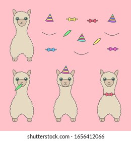 Vector Illustrations Set. Cute Cartoon Llamas in Party Hats, Bows, Eating Leaf. Characters for Decoration, Postcards, Posters, Prints