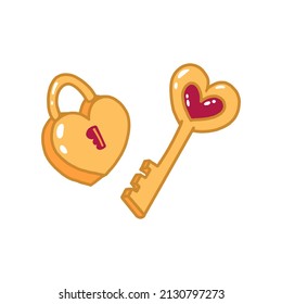 Vector illustrations set with cute cartoon retro love key and lock with heart shape in handdrawn style isolated on white background. Perfect for Valentine's day celebration