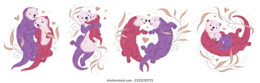 Vector illustrations set of cute cartoon sea otters family in pink, lilac colors, They are lovely swiming, smiling and hugging with cute baby against the background of beige floral drawings and hearts