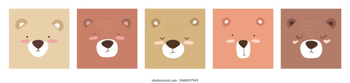 Vector illustrations set with cute cartoon hand drawn bear faces isolated on white background. Wild animal design templates for poster, card print, invitation, banner, nursery decor