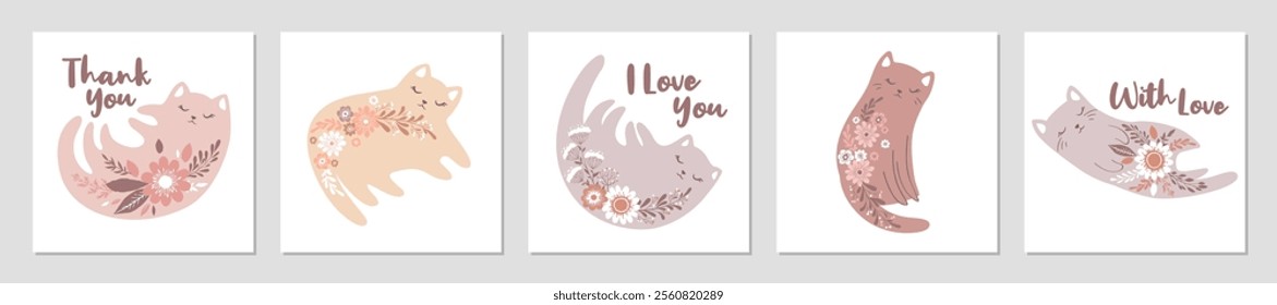 Vector illustrations set with cute cartoon hand drawn cats, flowers and letterings isolated on white background. Animal design templates for poster, card print, invitation, nursery decor