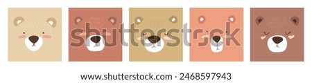 Vector illustrations set with cute cartoon hand drawn bear faces isolated on white background. Wild animal design templates for poster, card print, invitation, banner, nursery decor