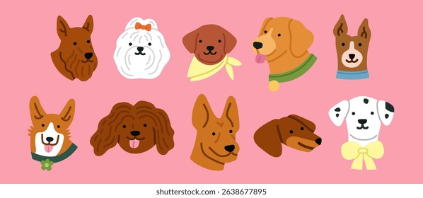 Vector illustrations set with cute dog's heads. Dalmatian, Basenji, Shepherd dogs, Golden Retriever, Corgi, Bichon etc. For pet-related marketing materials, content about breeds, prints, cards.