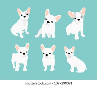 Vector illustrations set of cute little white French bulldog. Happy and funny pictures of bulldog puppy in different positions and emotions in cartoon flat style.