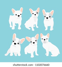 Vector illustrations set of cute little French bulldog in different positions. Funny happy puppy. French bulldog puppy collection in cartoon flat style on blue background.