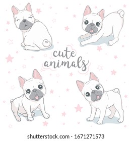 Vector illustrations set of cute little white French bulldog. Happy and funny pictures of bulldog puppy in different positions and emotions in cartoon flat style.