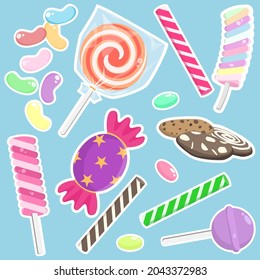 Vector illustrations set of cute sweets candy sticker with jelly,candy,wafer,cookie,marshmallow,lollipop