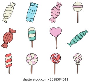 Vector illustrations set of cute sweets candy sticker with jelly,candy,wafer,cookie,marshmallow,lollipop