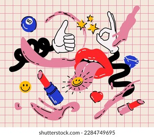Vector illustrations Set with different female lips and eyes, emoji in a cartoon style, and editable strokes.