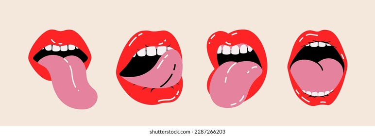 Vector illustrations Set with different female lips and eyes, emoji in a cartoon style, and editable strokes.