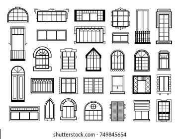 Vector illustrations set with different silhouettes of window frames. Window frame silhouette for house or home, construction windows architectural classic