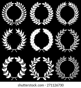 Vector illustrations of set with different white laurel wreaths on black background