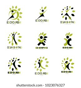 Vector illustrations set, excited abstract person with raised hands up. Go green idea creative graphic abstract symbol.