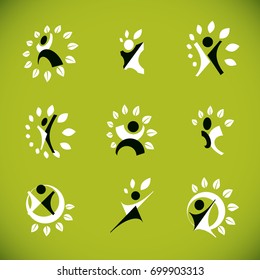 Vector illustrations set, excited abstract person with raised hands up. Restoring to health conceptual vector logo.