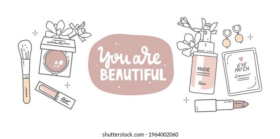 Vector illustrations set, fashion sketch. Makeup brush, powder, lip gloss, flowers. Handwritten lettering you are beautiful, abstract round background. Eye patches, foundation, lipstick, and earrings.