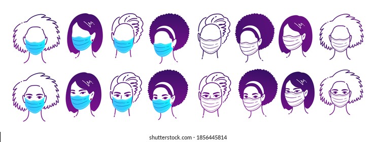 Vector  illustrations set of female multiethnic portraits wearing protection medical masks isolated on white background. Coronavirus quarantine set.