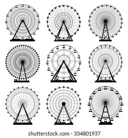 Vector illustrations set. Ferris wheel. Carnival. Funfair background. 