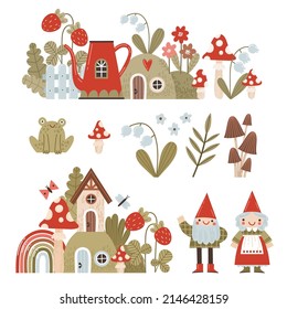 Vector illustrations set of forest plants, magic houses, flowers and fairy tale characters. Cute, fabulous houses, amanita, mushrooms, lilies of the valley in cartoon style, garden gnomes, wood elves