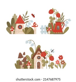 Vector illustrations set of forest plants, magic houses, flowers and fairy tale characters. Cute, fabulous houses, acorns, mushrooms, lilies of the valley in cartoon style.