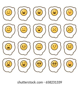 Vector illustrations set of fried eggs with emotions on white background. Emoji and smiles topic.