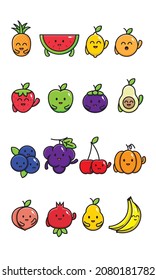 vector illustrations set of fruits character with cute face emoticon.