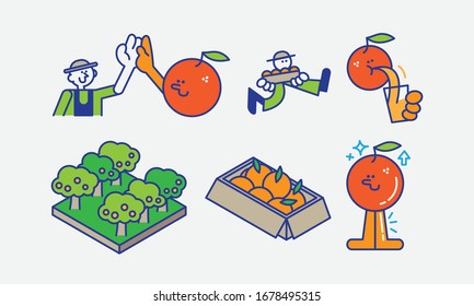 Vector illustrations set for fun of production orange garden in modern style, flat style and fill outline designs. character designs.