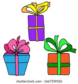 vector illustrations, set of gift drawings in bright color, isolate on a white background, design elements, cartoon style
