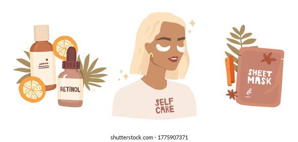 Vector illustrations set. Girl portrait. Uses patches for skincare. T-shirt with self-care lettering. Cosmetic packaging, mask, serum bottle with retinol, tonic. Testing cosmetics, reviews, influencer