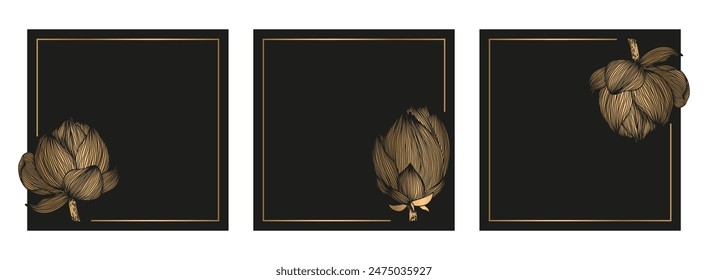 Vector illustrations set with gold and black lotus flowers cards isolated on white background. Floral design templates for poster, card print, invitation, banner, social media post