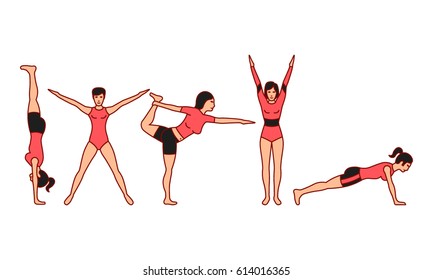 Vector illustrations set of gymnastic positions on white background. Gymnastics and healthy lifestyle topic.