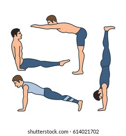 Vector illustrations set of gymnastic positions on white background. Gymnastics and healthy lifestyle topic.