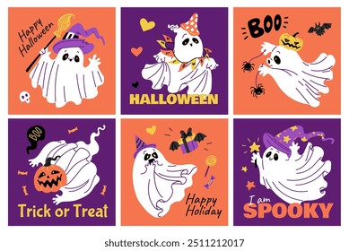 Vector illustrations of a set of Halloween posters with ghosts, bats, pumpkins and spiders. Perfect for creating a festive atmosphere in October..
