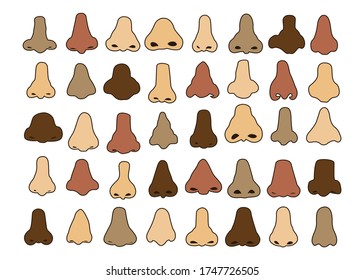 Vector illustrations set of hand drawn human noses in various shapes and skin colors on a white background.